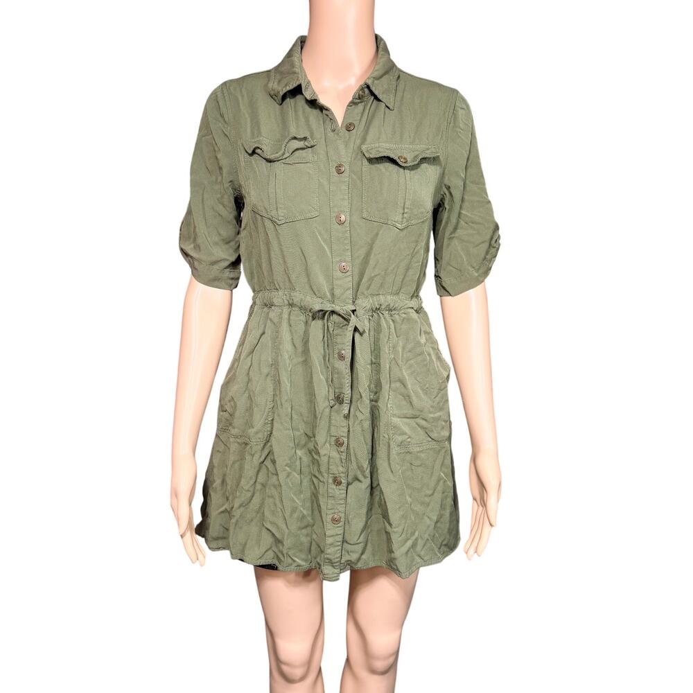 Paper Crane Womens Mini Shirt Dress Button Down Tie Closure Collared Green Small